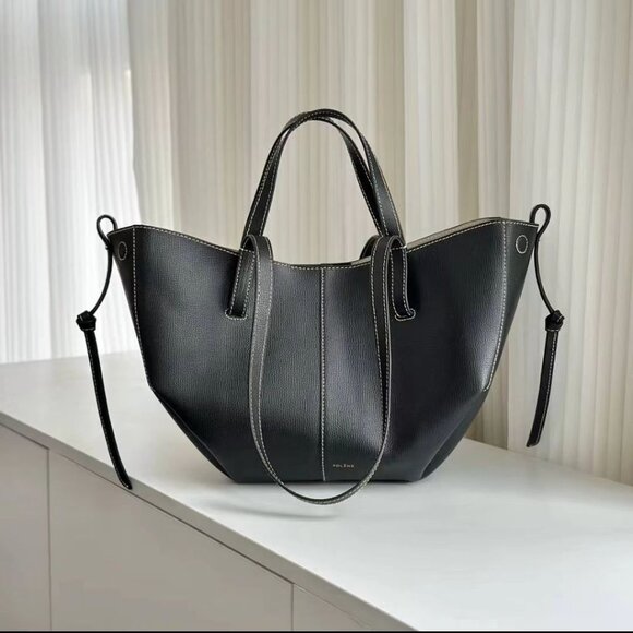 Polene Shoes - POLENE Paris Leather Tote Bag | Black Retro Design, Adjustable Strap